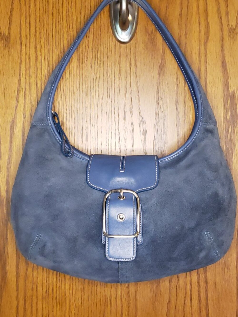Vintage COACH Y2K Soho Blue Suede and Leather Crescent Flap Shoulder Bag #14782